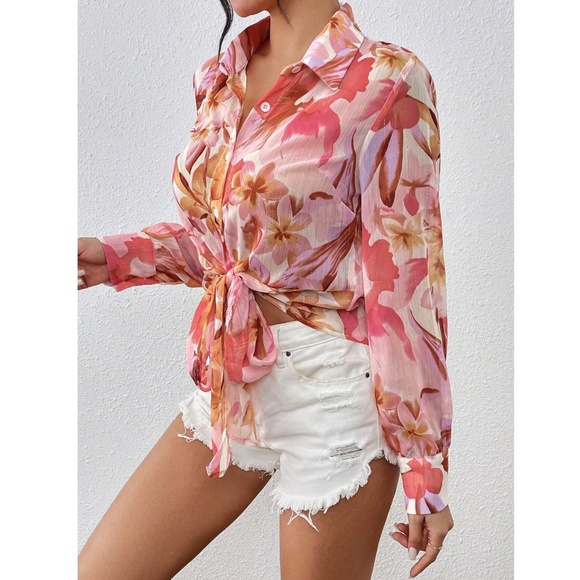 Floral Print Sheer Tie Front Long Sleeve Button Down Crop Shirt Lurex Glitter - Picture 2 of 9